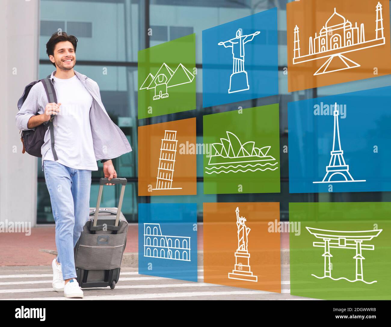 Guy Walking con valigia all'aeroporto all'aperto, collage con i punti di riferimento Foto Stock