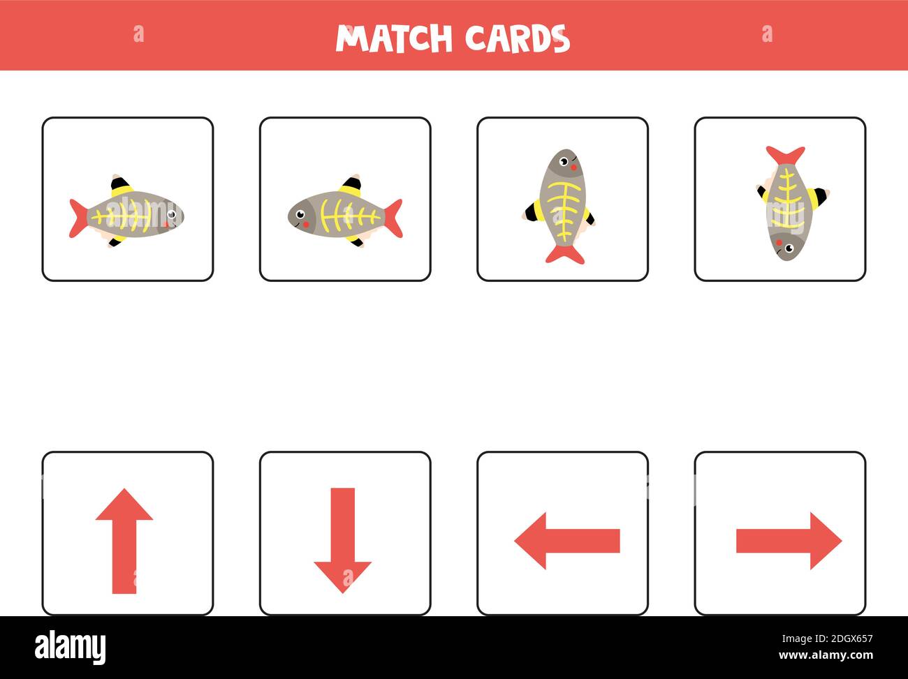 Abbinare le immagini con le frecce di orientamento. Pesce a raggi X cartoni animati. Sinistra o destra, su o giù. Illustrazione Vettoriale