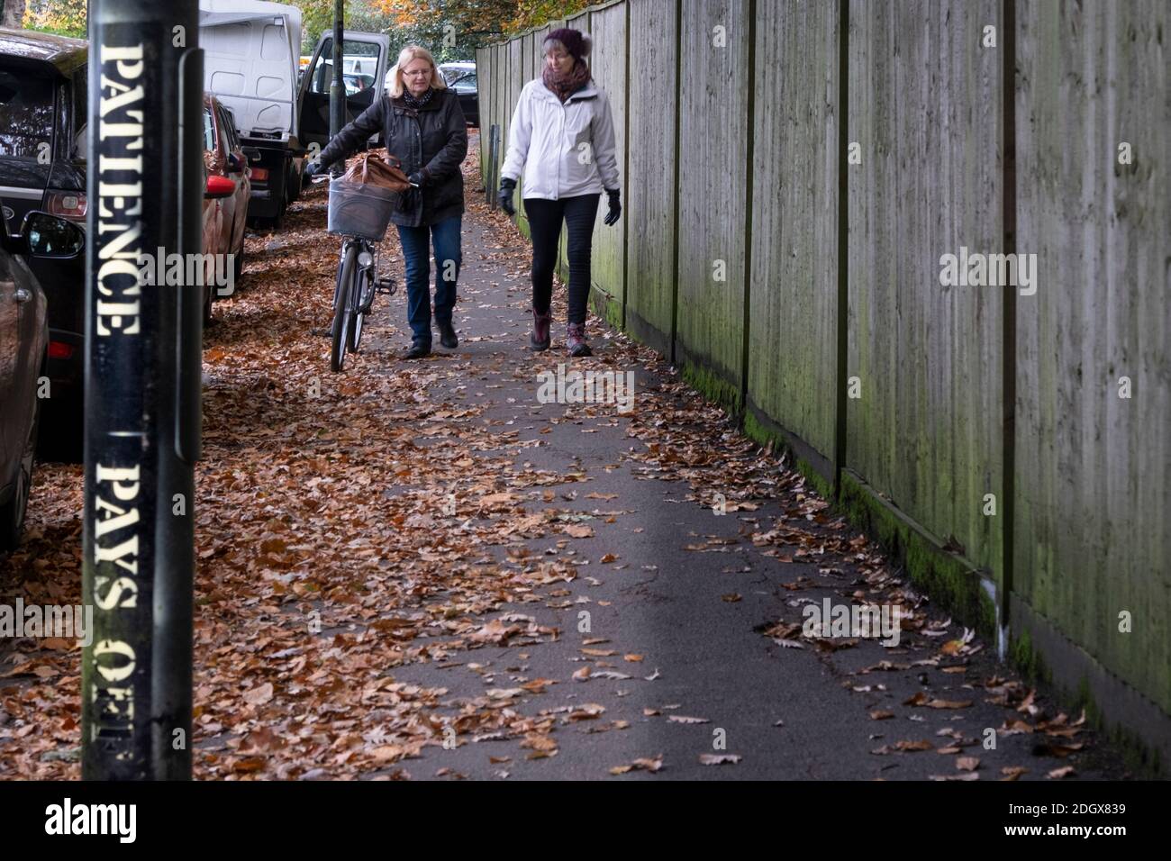 Street art che dice 'la pazienza paga fuori' - e due donne su un sentiero pubblico in autunno, Coronavirus blocco 2020/1, Regno Unito Foto Stock
