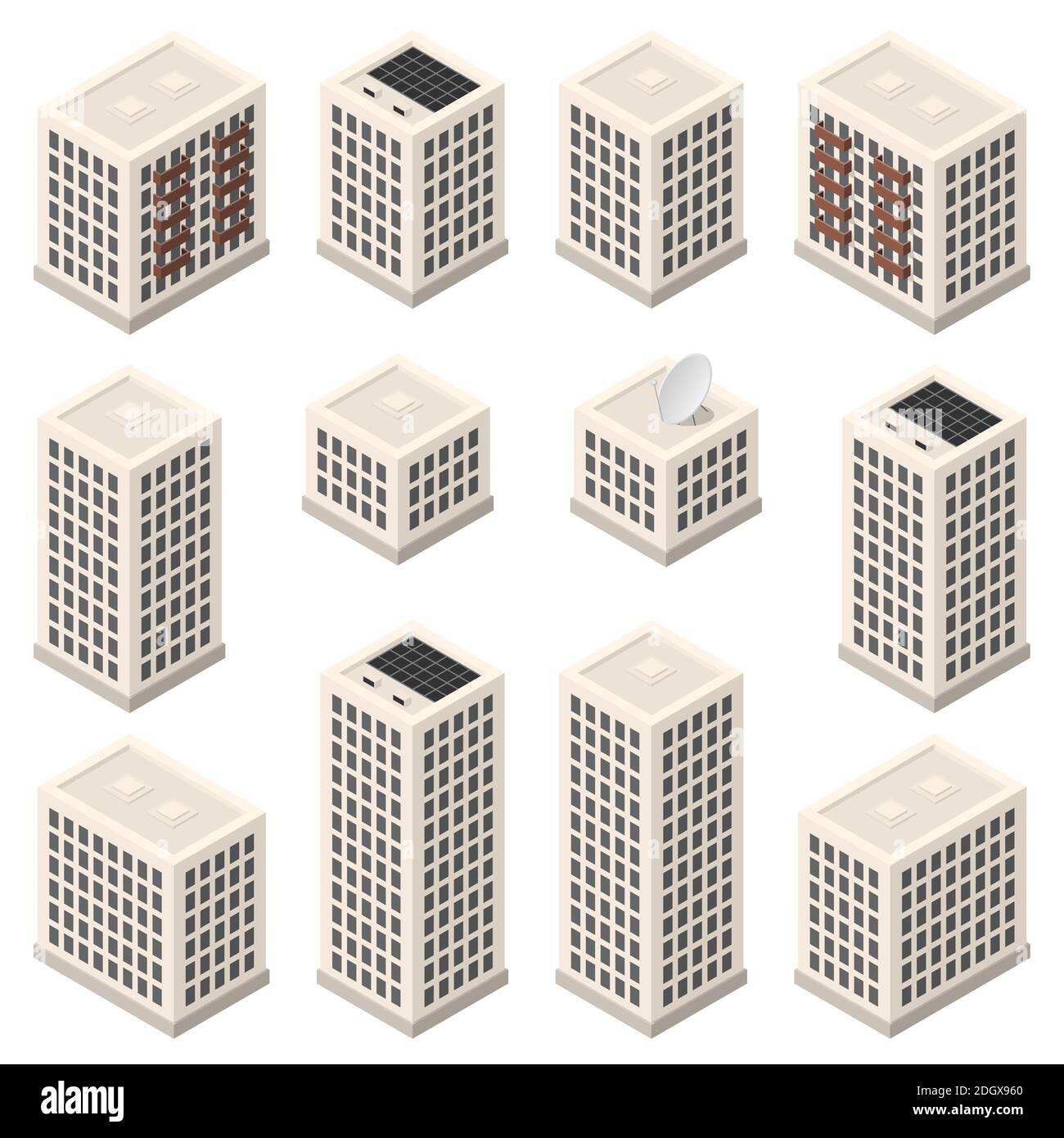 Set di moderni edifici isometrici beige con finestre grigie e batteria solare. Grattacieli isolati su sfondo bianco Illustrazione Vettoriale