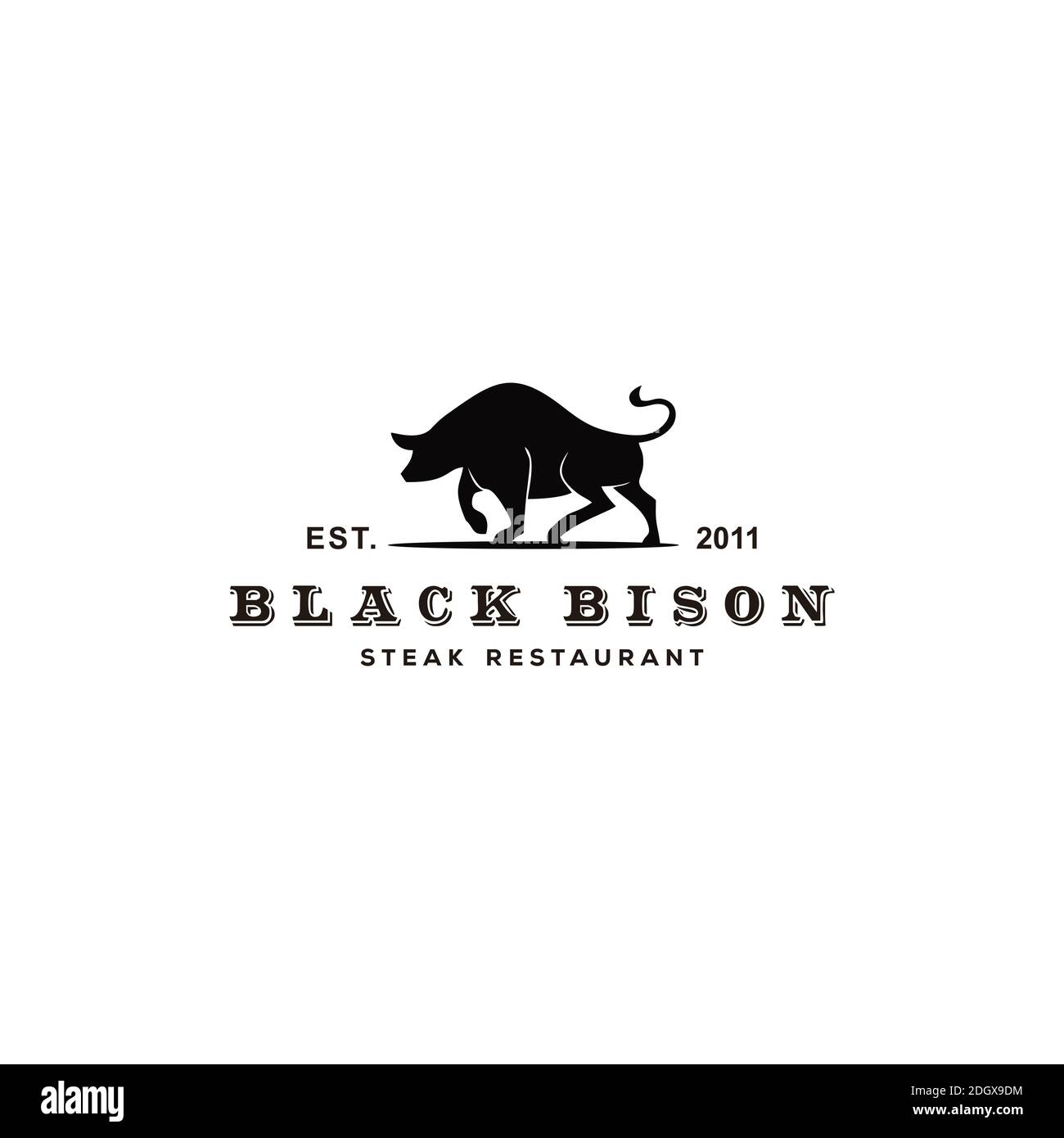 Silhouette bisonte con tipografia d'epoca per il logo Steak Restaurant Illustrazione Vettoriale