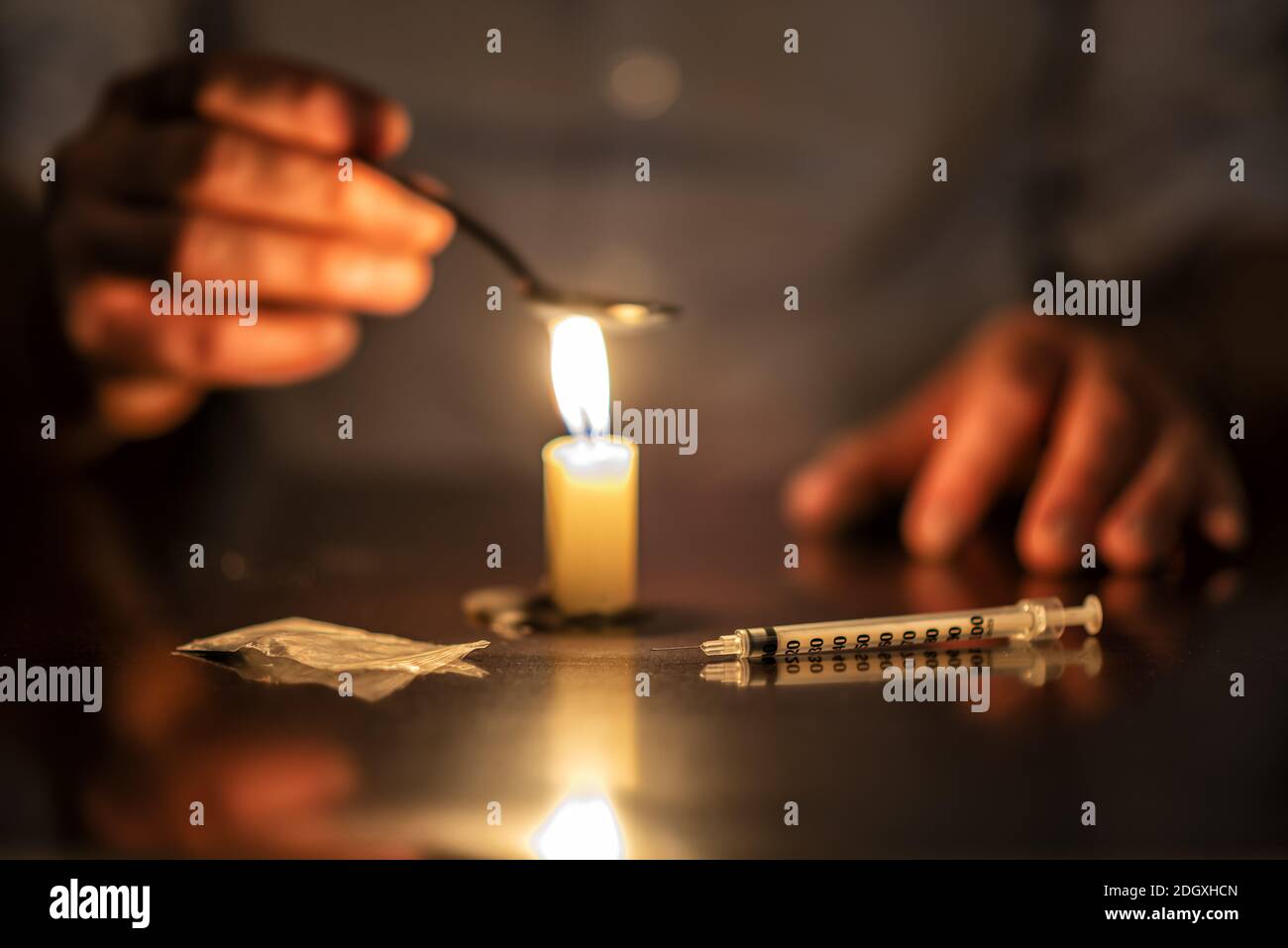 Iniezione, candela ed eroina Foto Stock