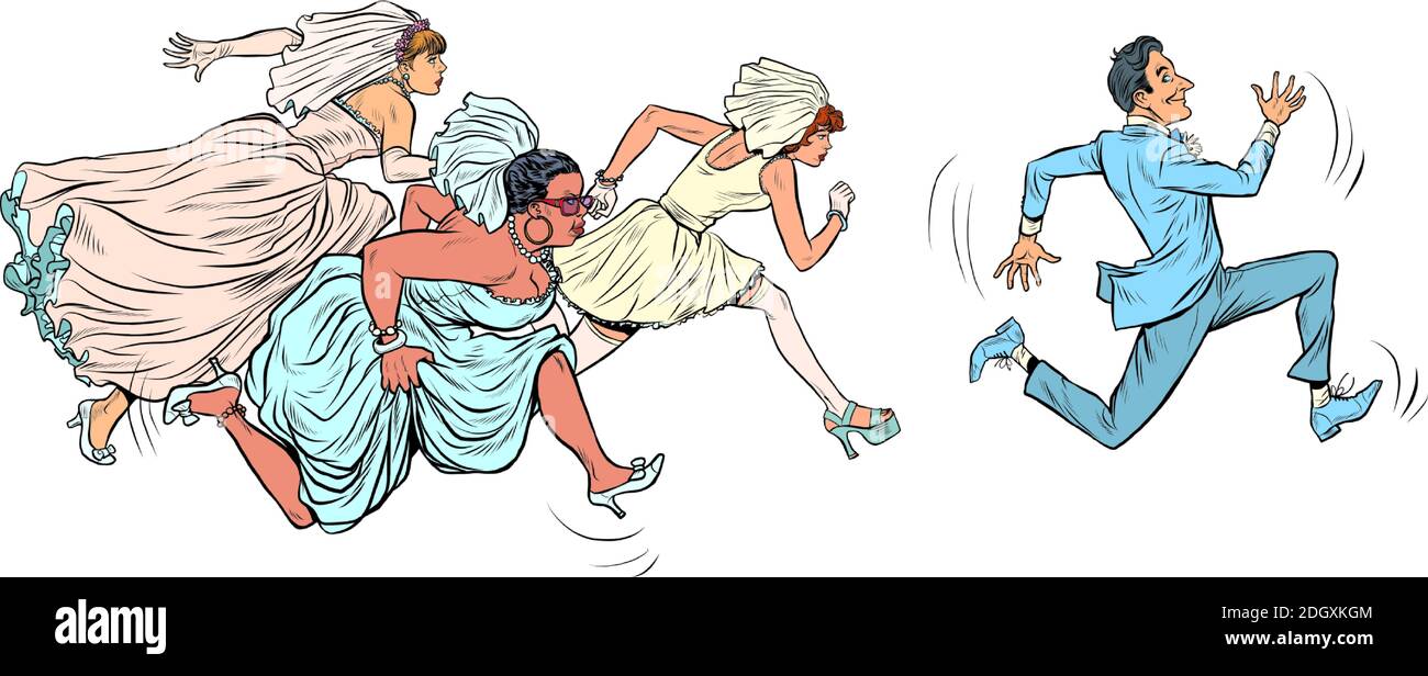lo sposo si allontana comicamente da diverse spose. Poligamia Illustrazione Vettoriale