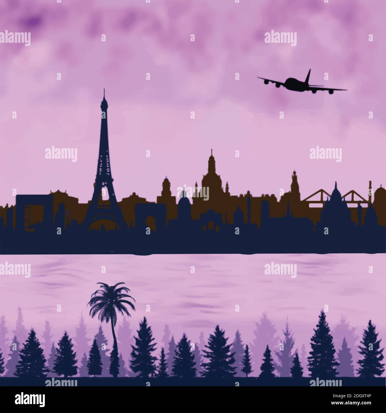 silhouette città skyline di parigi con modello di design con icona del logo blu nuvola. Illustrazione Vettoriale