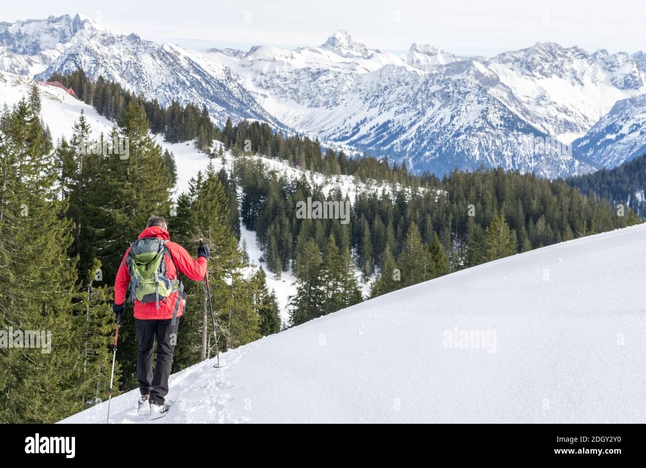 L'uomo anziano è l'escursionismo con racchette da neve nelle montagne alpine innevate. Allgau, Baviera, Germania. Foto Stock