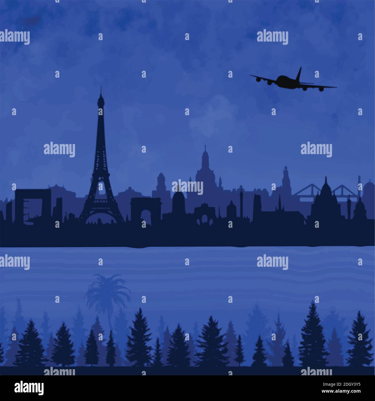 silhouette città skyline di parigi con modello di design con icona del logo blu nuvola. Illustrazione Vettoriale