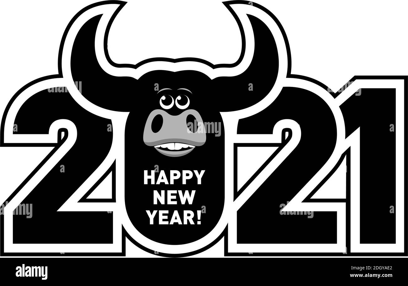2021 anni Logo design. Cinese nuovo anno di bue. Segno oroscopo di metallo di bue. Nuovo anno divertente simbolo. Segno Ox vettoriale piatto isolato su sfondo trasparente Illustrazione Vettoriale