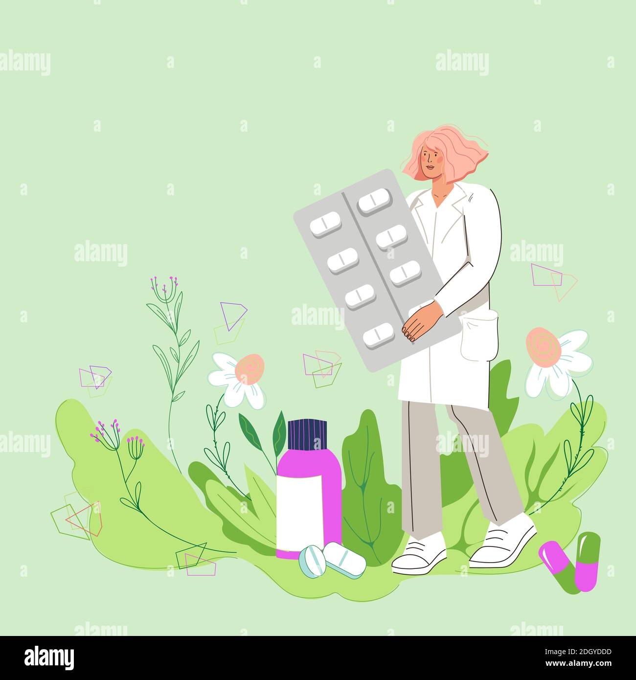 Medico di medicina alternativa di erbe tra piante ed erbe, illustrazione vettoriale. Illustrazione Vettoriale