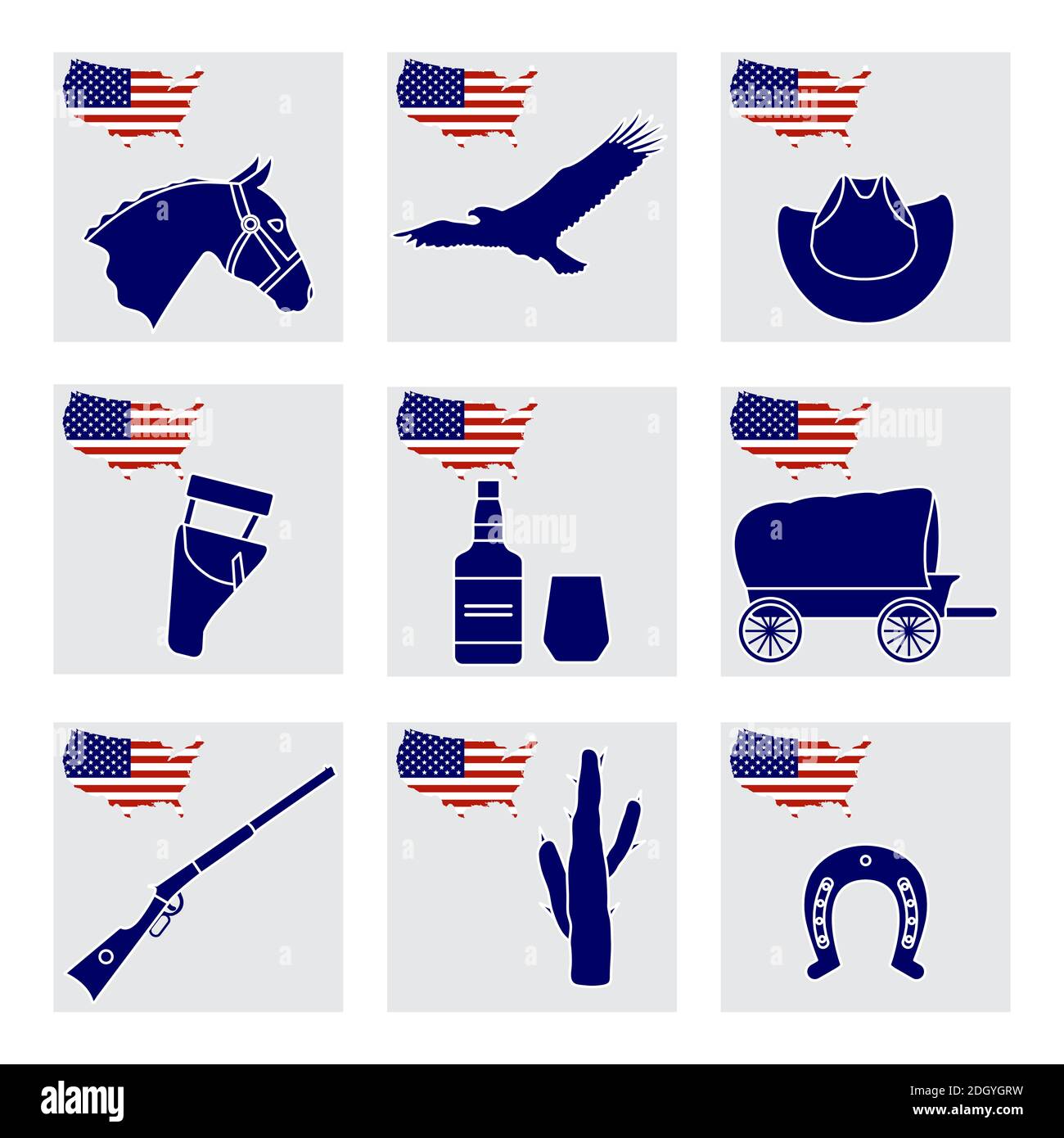 Vector Illustration USA Set simboli nazionali americani testa di cavallo, aquila, cappello da cowboy, fondina, cactus, ferro di cavallo, whisky, pistola, furgone. 4 luglio Indepe Illustrazione Vettoriale