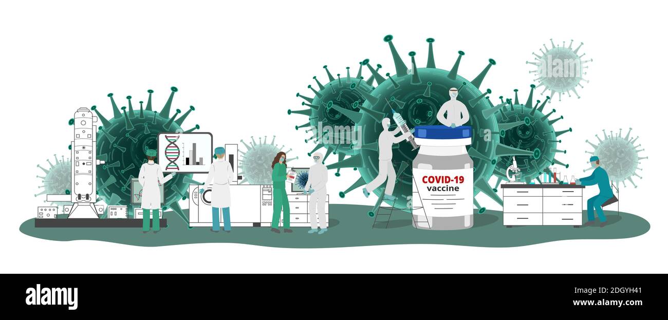 Covid-19 concetto di sviluppo del vaccino del coronavirus con i caratteri della gente scienziati e medici in laboratorio medico di ricerca. Scena con virus su b Illustrazione Vettoriale
