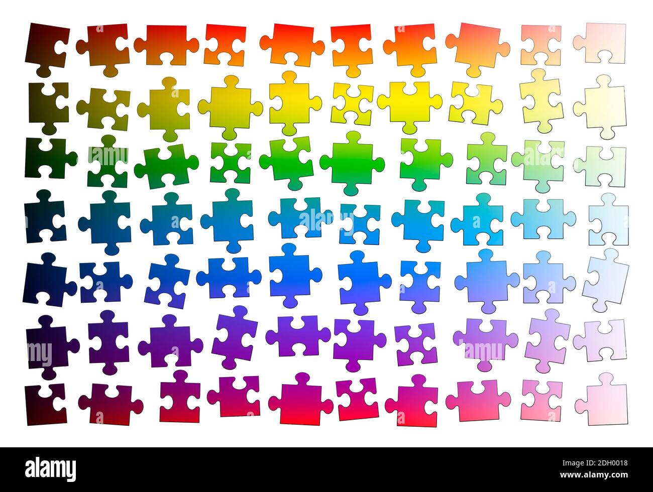 Pezzi di puzzle. Pezzi di puzzle assortiti di colore iridato gradiente, ma non ancora messi insieme - illustrazione su sfondo bianco. Foto Stock