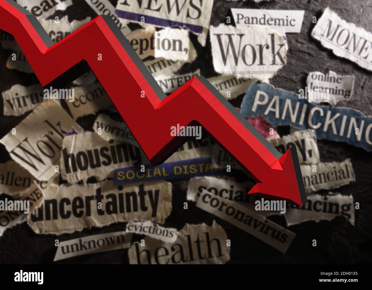 Corona Virus e notizie economiche freccia titoli Foto Stock