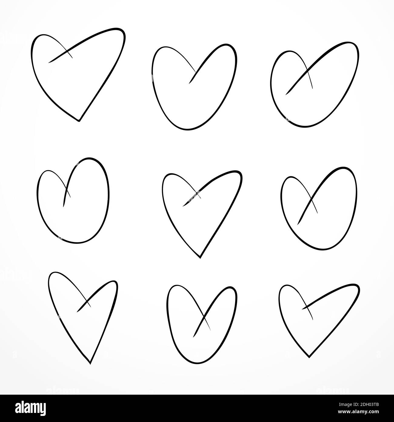 Set di cuori di doodle neri disegnati a mano. Simbolo d'amore Illustrazione Vettoriale