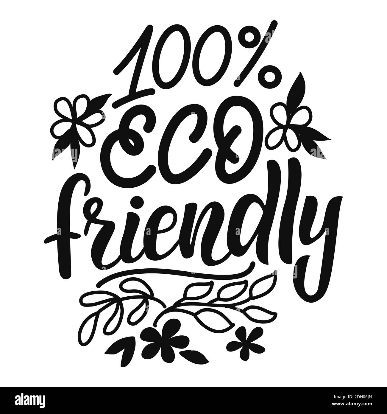 Immagine vettoriale con iscrizione - 100 eco-friendly - su sfondo bianco. Per la progettazione di cartoline, poster, striscioni, copertine per notebook, stampe per t Illustrazione Vettoriale
