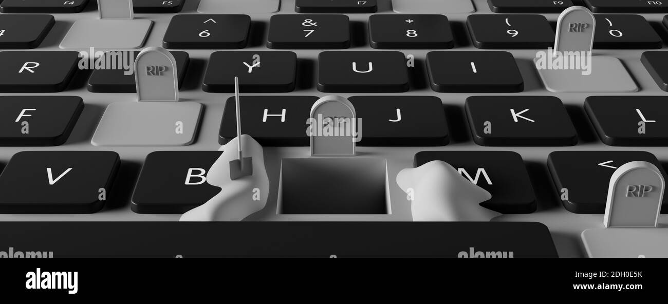 Grave sul computer portatile, dipendenza dal concetto del mondo digitale, rendering 3d, illustrazione 3d Foto Stock