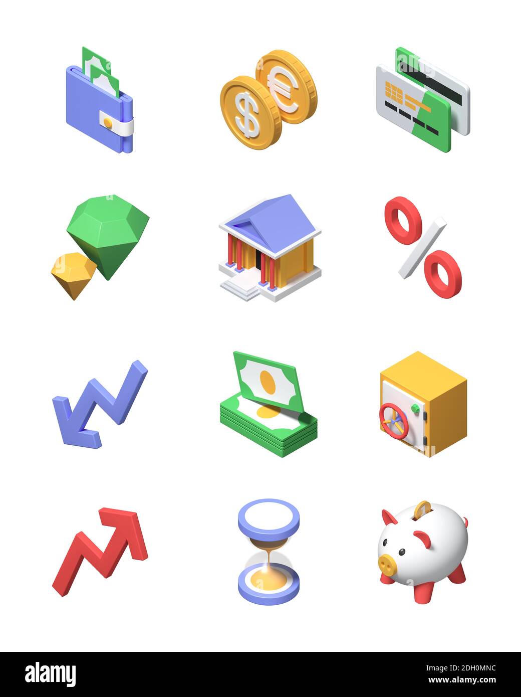 Business e finanza - insieme di icone isometriche moderne. Servizi finanziari, idea di risparmio di denaro. Immagini colorate di un portafoglio, monete, carte di credito, cristalli, Foto Stock