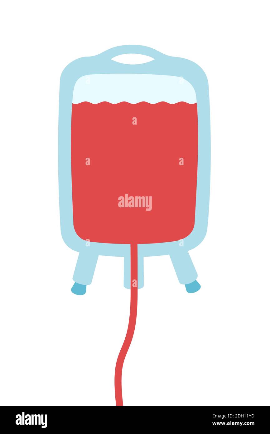 Trasfusione di sangue - confezione con sangue rosso donato. Donazione di liquido corporeo rosso per scopi medici. Illustrazione vettoriale Foto Stock
