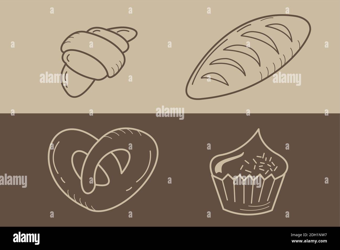 Set di icone per la cottura: Pane fresco, croissant e pretzel con torta su sfondo marrone e beige in stile doodle Illustrazione Vettoriale