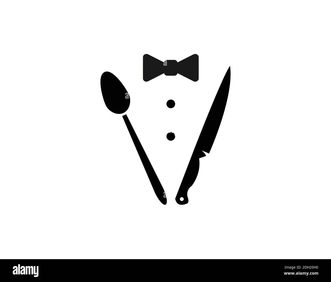 Bow Tie, Tuxedo, Knifes, Spoon Fork Restaurant Dinner logo ispirazione di design Illustrazione Vettoriale