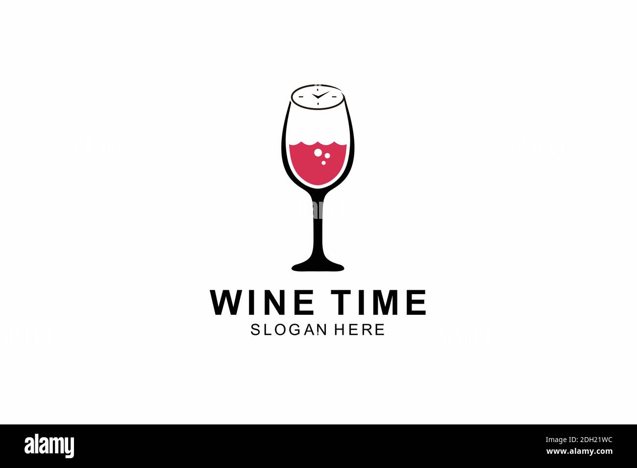 Logo del bicchiere di vino. Concetto di tempo del vino con orologio su sfondo nero Illustrazione Vettoriale