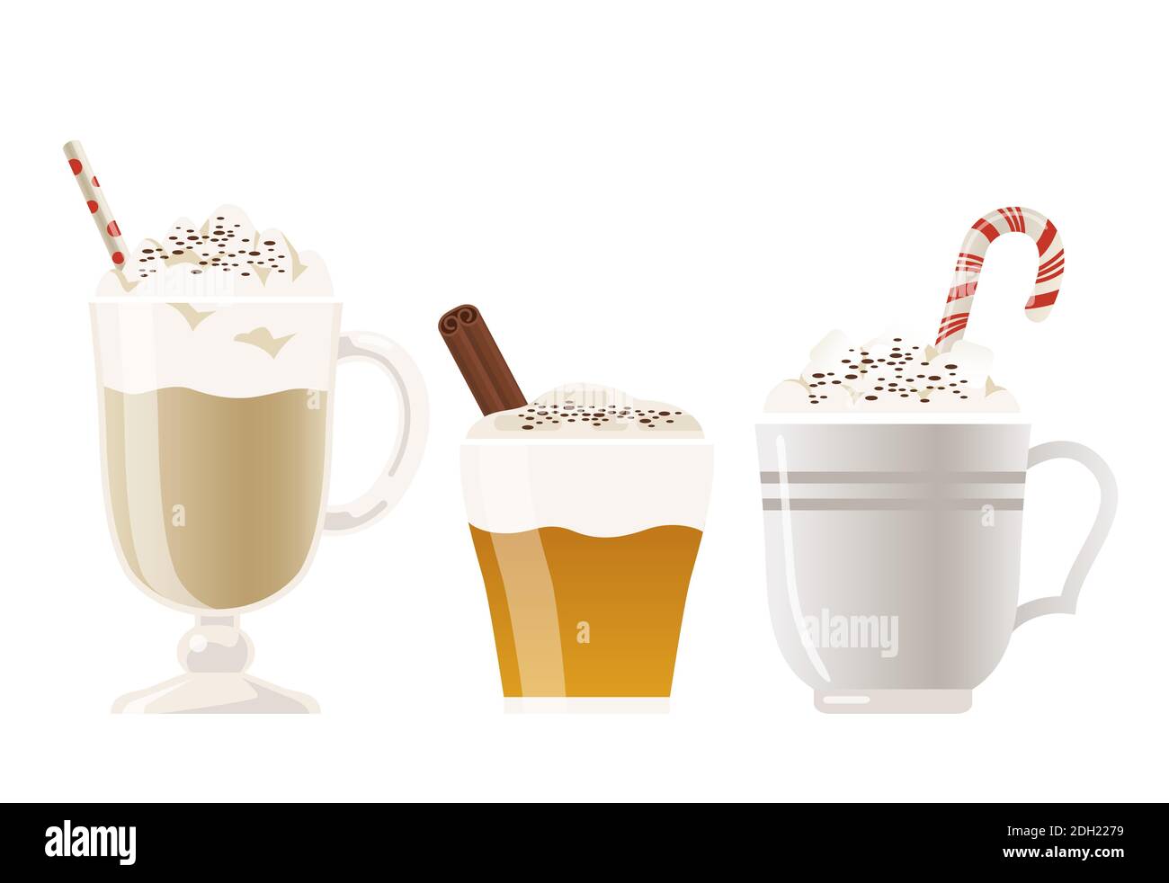 Una collezione di bevande calde che vengono spesso bevute in inverno, come sidro di mele, cioccolata calda con marshmallow o caffè caldo. Illustrazione Vettoriale