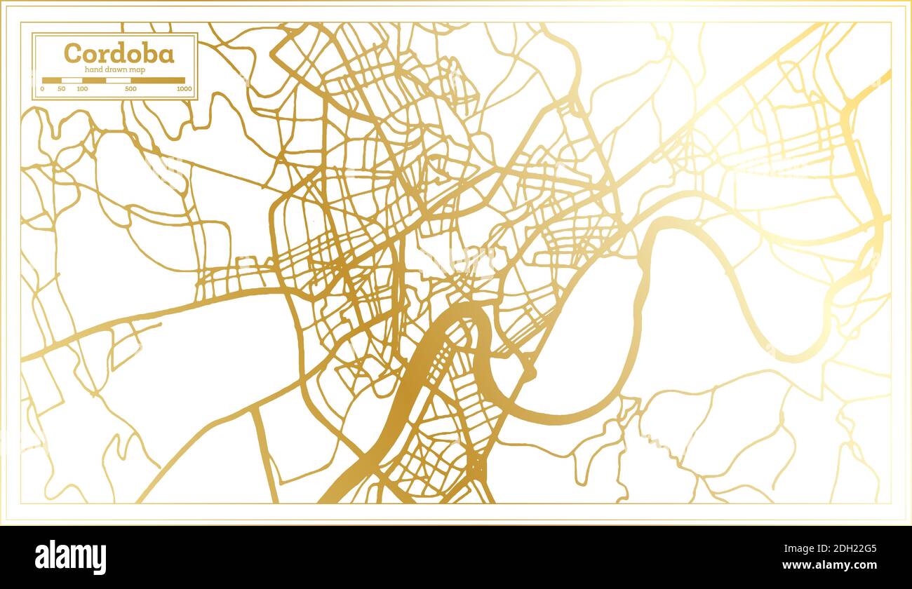 Mappa della città di Cordova in stile retro in colore dorato. Mappa di contorno. Illustrazione vettoriale. Illustrazione Vettoriale