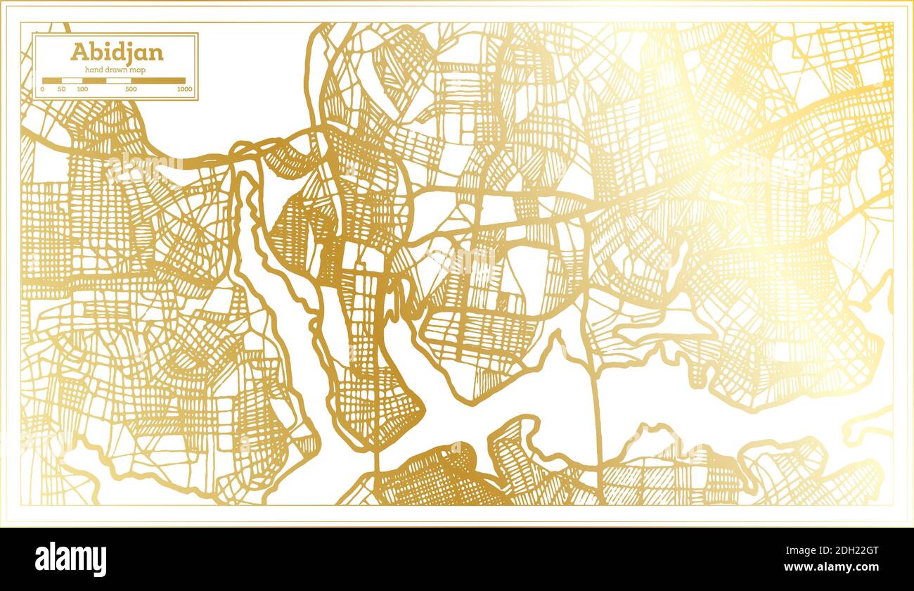 Abidjan Mappa della città della Costa d'Avorio in stile retro in colore dorato. Mappa di contorno. Illustrazione vettoriale. Illustrazione Vettoriale
