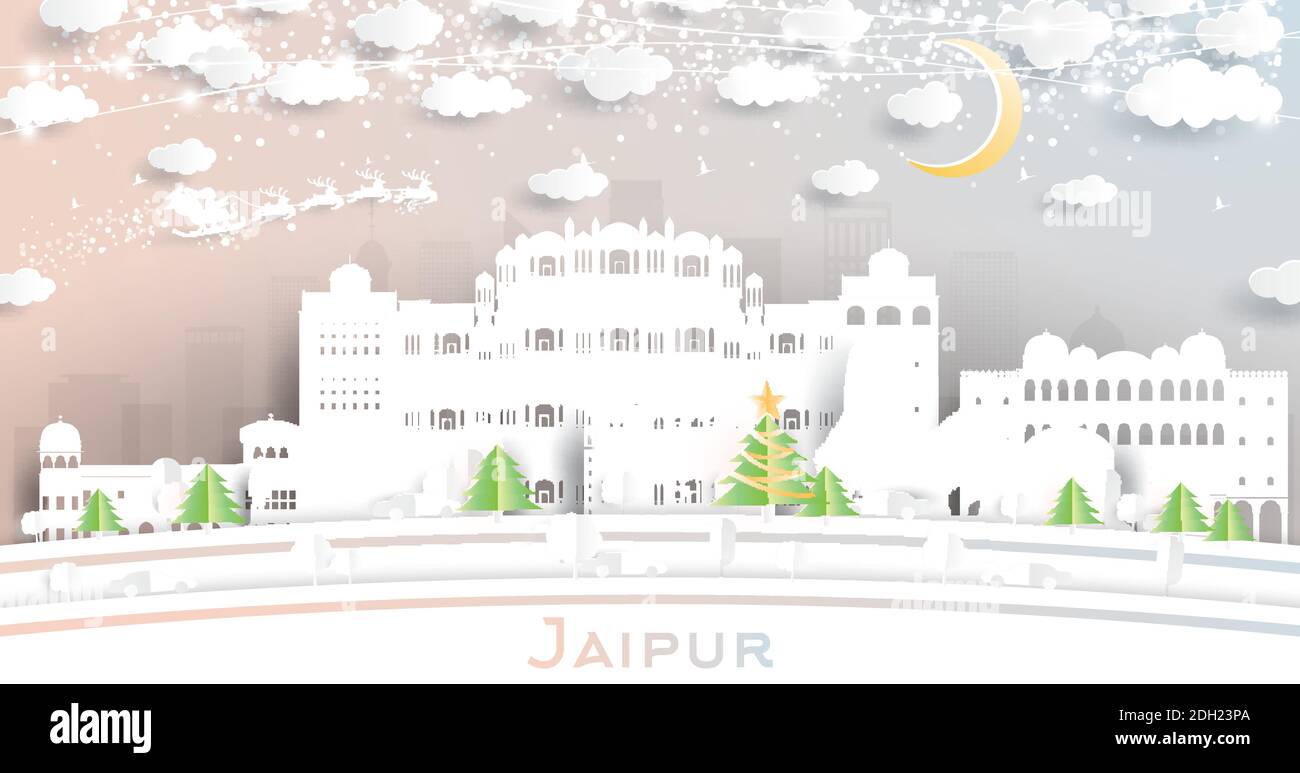 Jaipur India City Skyline in stile Paper Cut con fiocchi di neve, Luna e Neon Garland. Illustrazione vettoriale. Natale e Capodanno. Illustrazione Vettoriale