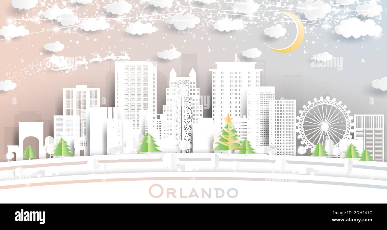 Orlando Florida USA City Skyline in stile Paper Cut con fiocchi di neve, Luna e Neon Garland. Illustrazione vettoriale. Natale e Capodanno. Illustrazione Vettoriale