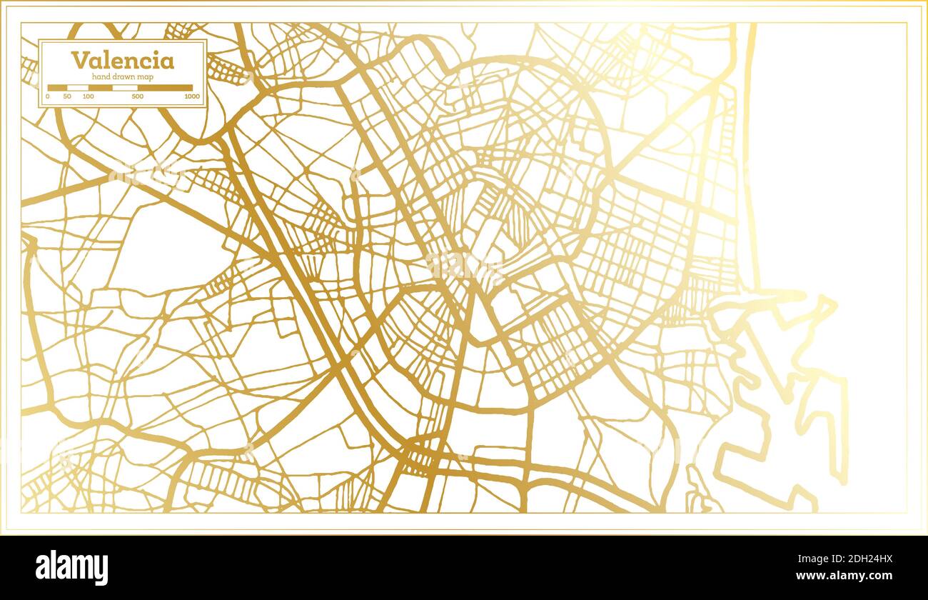 Mappa della città di Valencia in stile retro in colore dorato. Mappa di contorno. Illustrazione vettoriale. Illustrazione Vettoriale