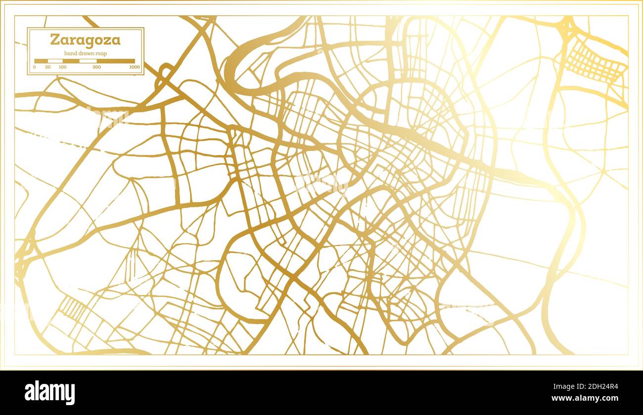 Mappa della città di Saragozza in stile retro in colore dorato. Mappa di contorno. Illustrazione vettoriale. Illustrazione Vettoriale
