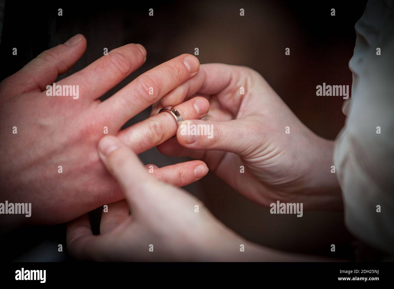 Scambio di sposi e sposi degli anelli di nozze Foto Stock
