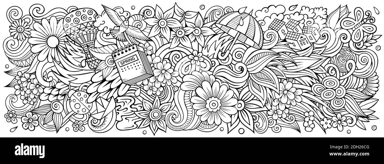 Illustrazione dei doodles disegnati a mano di primavera. Oggetti divertenti stagionali ed elementi poster design. Arte creativa sfondo. Banner raster di schizzo Foto Stock