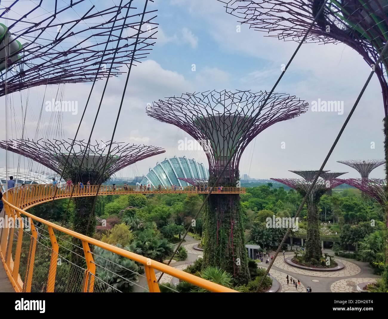 SINGAPORE - 7 maggio 2017: Vista aerea dei Giardini presso il parco della Baia con il cielo tra i suoi famosi super-alberi scultorei. Foto Stock