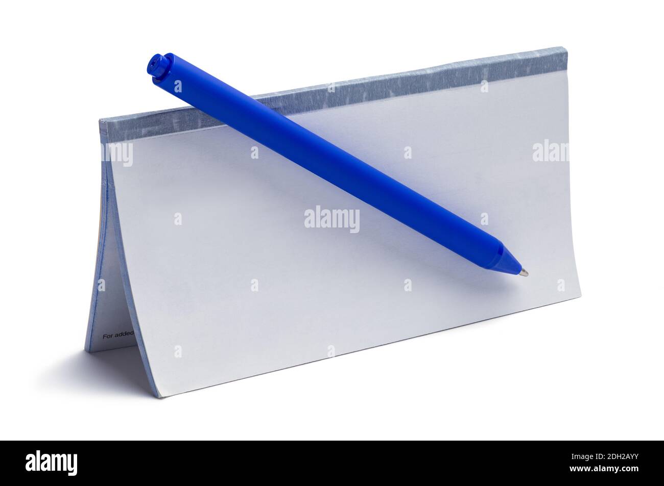 Libro di controllo con spazio di copia e penna blu. Foto Stock