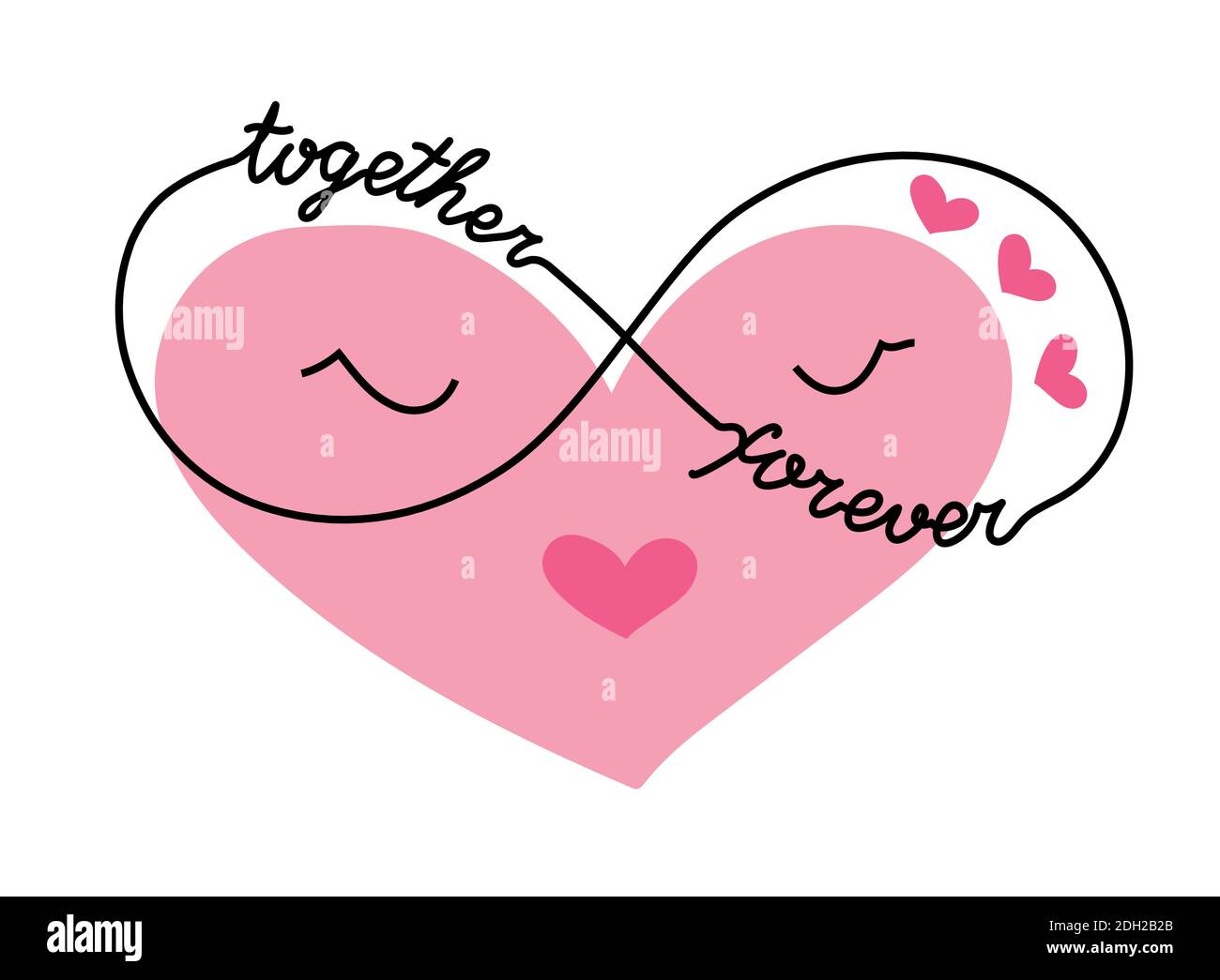 Carino cuore cartoon con simbolo infinito. L'icona di amore rosa per San Valentino. Un disegno di linea continua di cuore carino in bicchieri con lettere Illustrazione Vettoriale