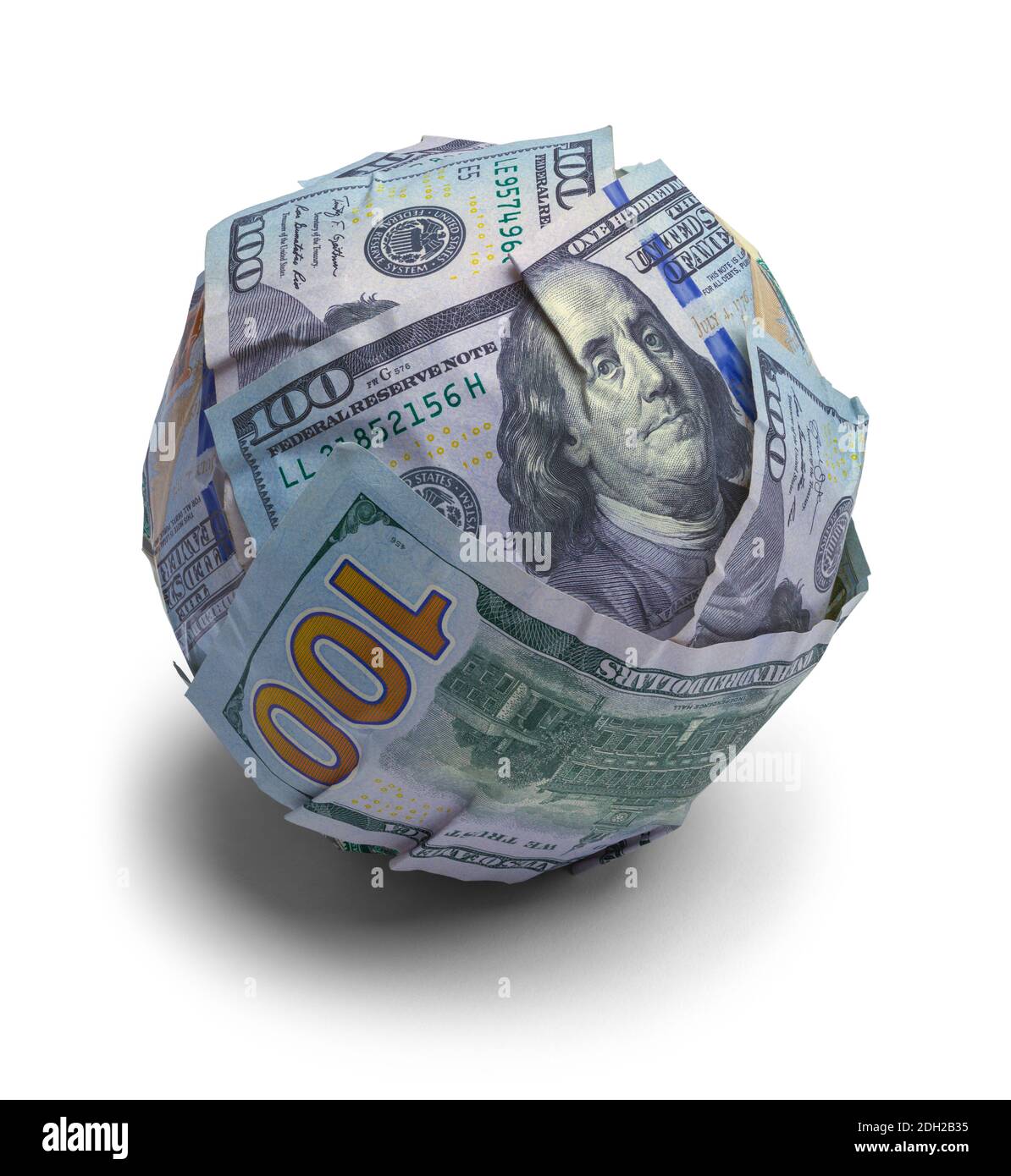 Palla di centinaia di dollari di fatture tagliare su bianco. Foto Stock