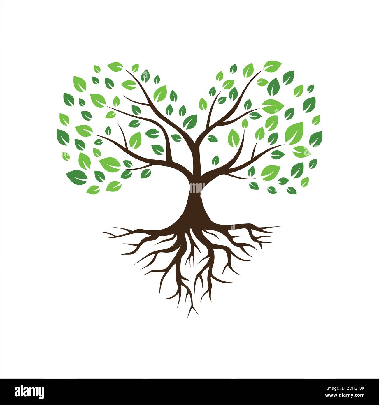 concetto astratto di amore dell'albero con il vettore del logo dell'icona della radice piatto progettazione concettuale Illustrazione Vettoriale