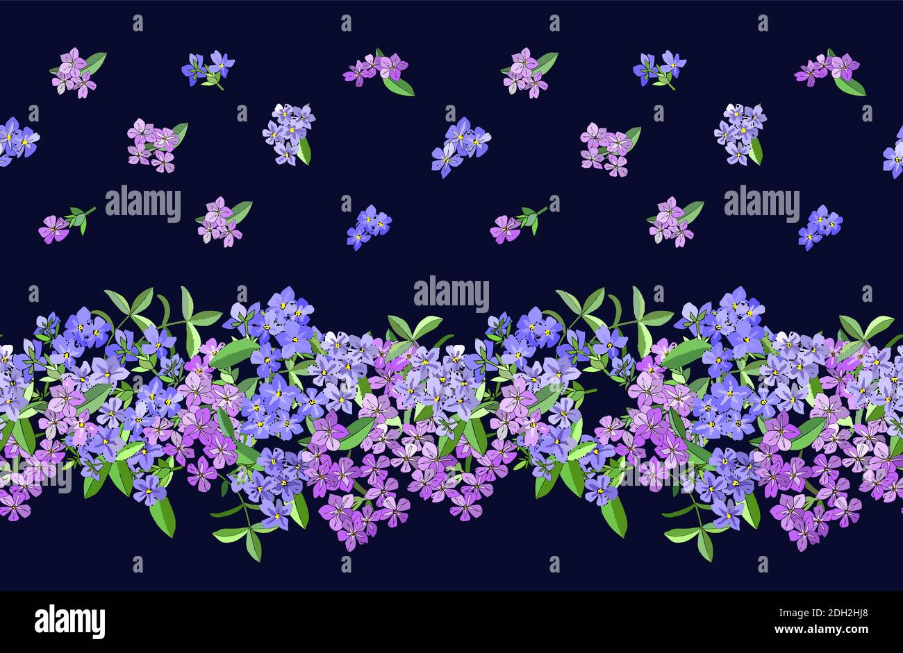 Bordo senza cuciture con fiori di flox isolati su blu scuro. Ottima stampa per biglietti d'auguri, vestiti, biancheria da letto, tessuti, tessuti, carta da parati, involucri Illustrazione Vettoriale