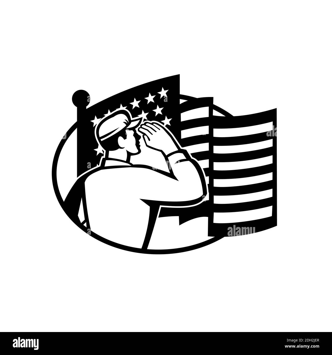American Soldier Salute USA Star and Stripes Flag retro Black E bianco Foto Stock