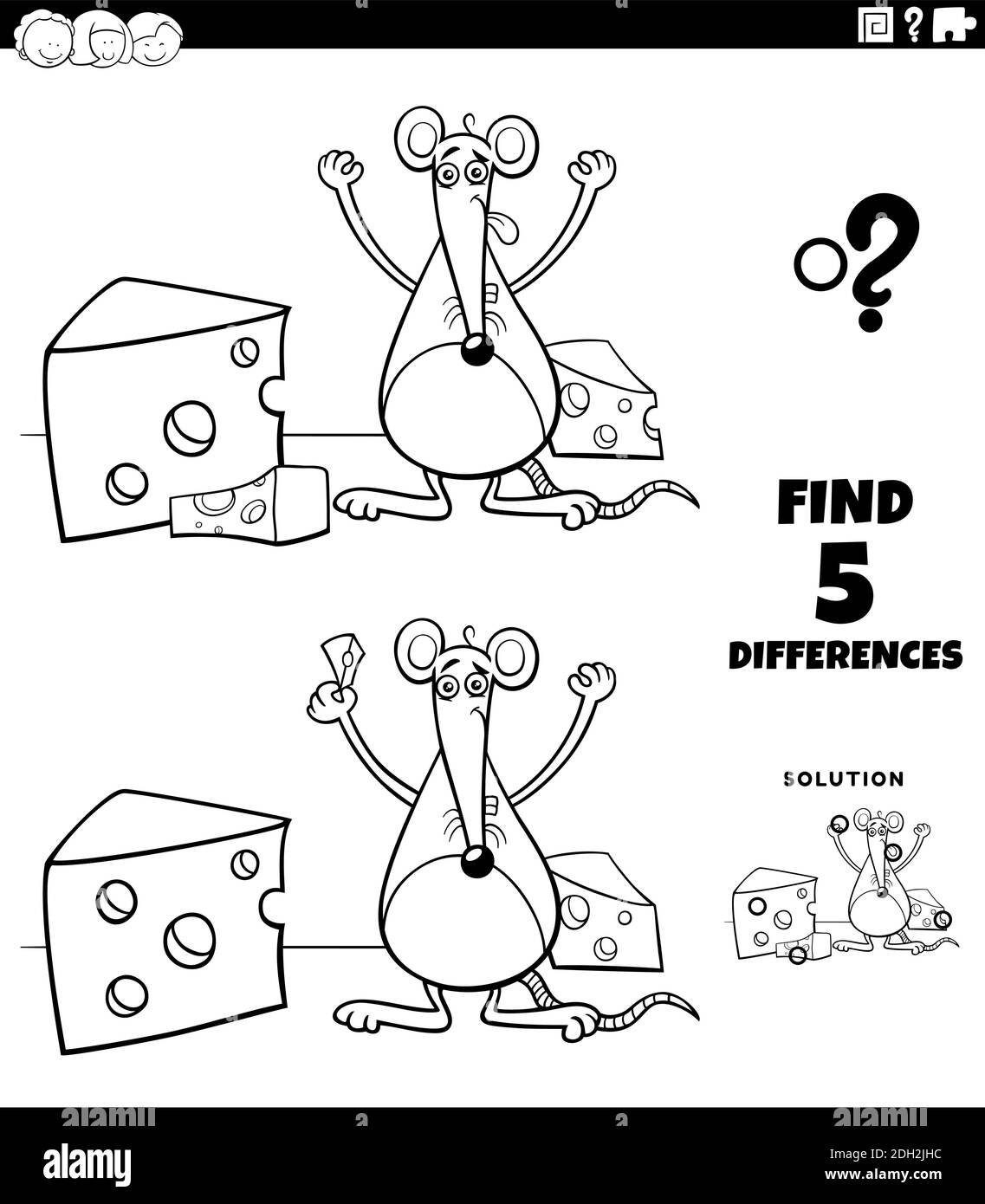 Cartoni animati in bianco e nero illustrazione di trovare le differenze tra foto gioco educativo per bambini con mouse felice e pezzi di formaggio c Illustrazione Vettoriale