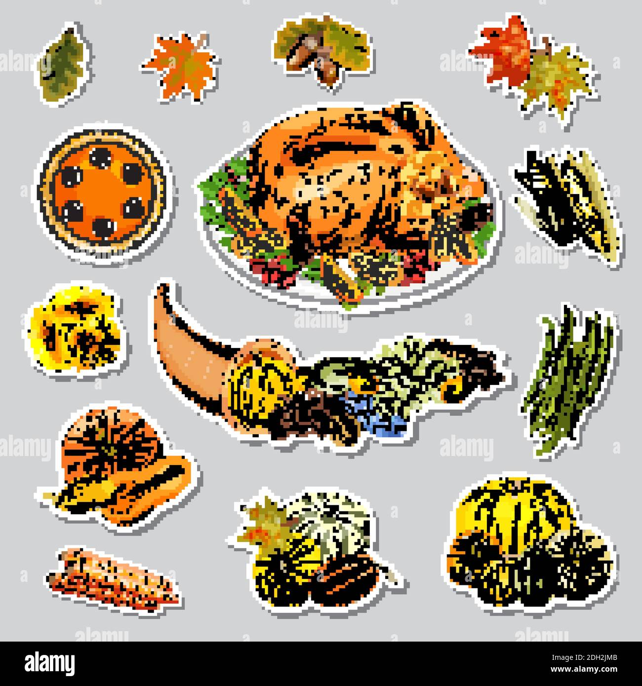 Serie autunnale di adesivi con simboli di ringraziamento, cornucopia, tacchino, frutta, zucche, fiori, mais, fagioli verdi, carote, foglie. Illustrazione Vettoriale
