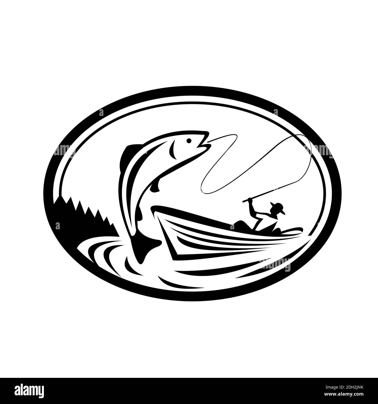 Fly Fisherman pesca Barca a vela trota ovale retro nero e. Bianco Foto Stock