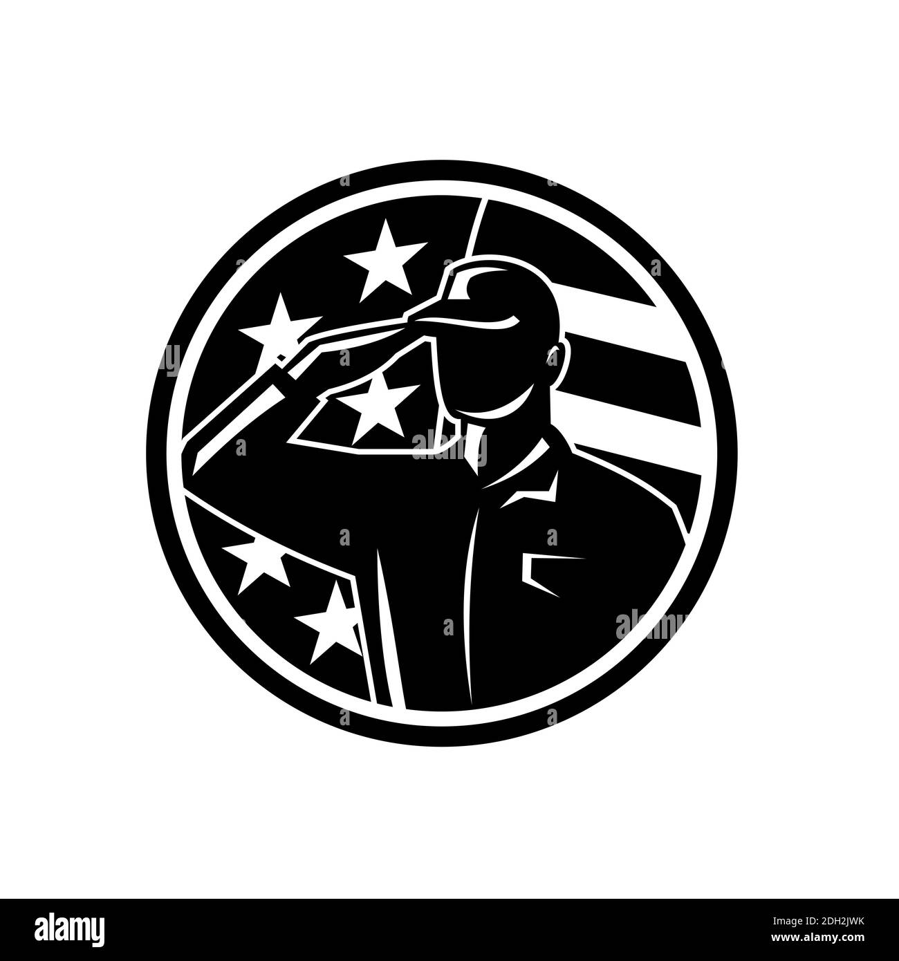 American Soldier Serviceman Saluting Flag Circle retro Bianco e nero Foto Stock