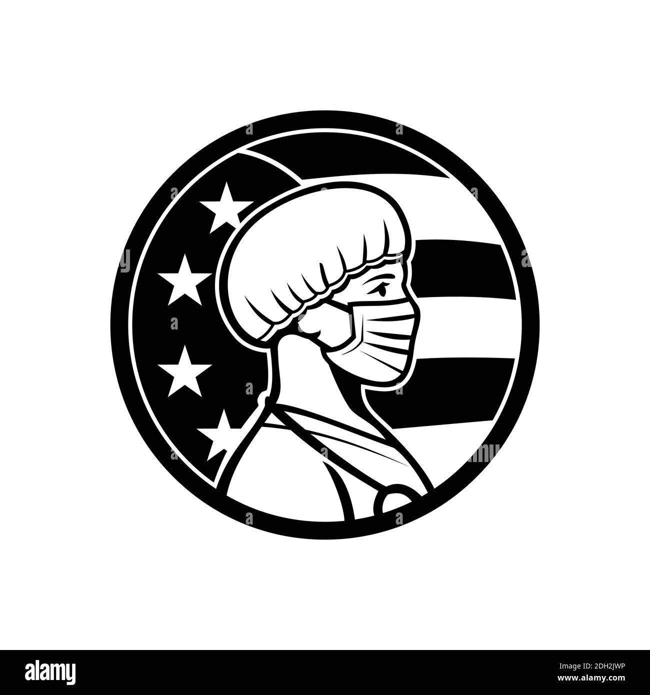 American Nurse indossando Mask Side USA Flag Mascot Nero e. Bianco Foto Stock