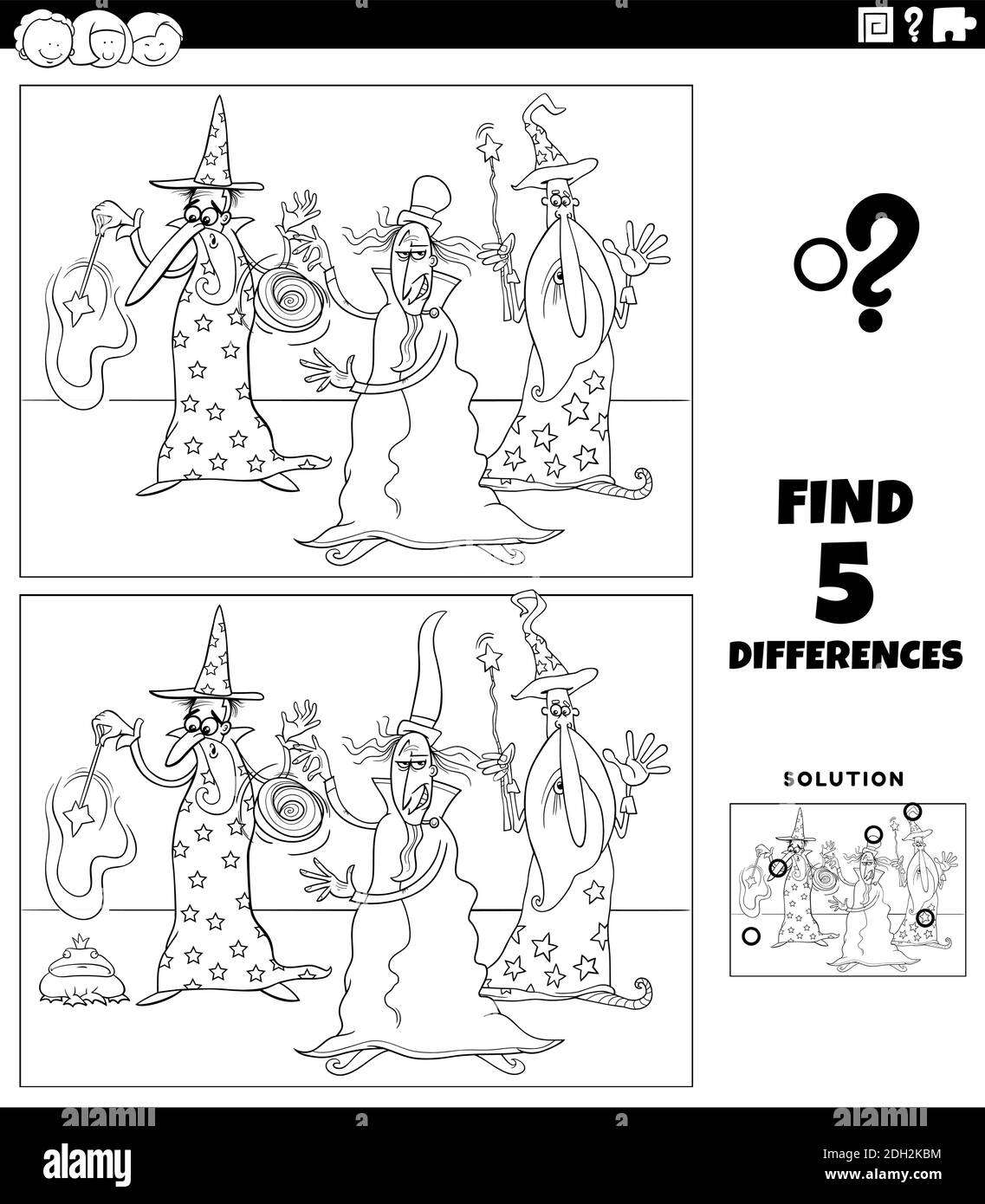 Cartoni animati in bianco e nero illustrazione di trovare le differenze tra immagini gioco educativo per bambini con tre personaggi fantasy maghi c Illustrazione Vettoriale