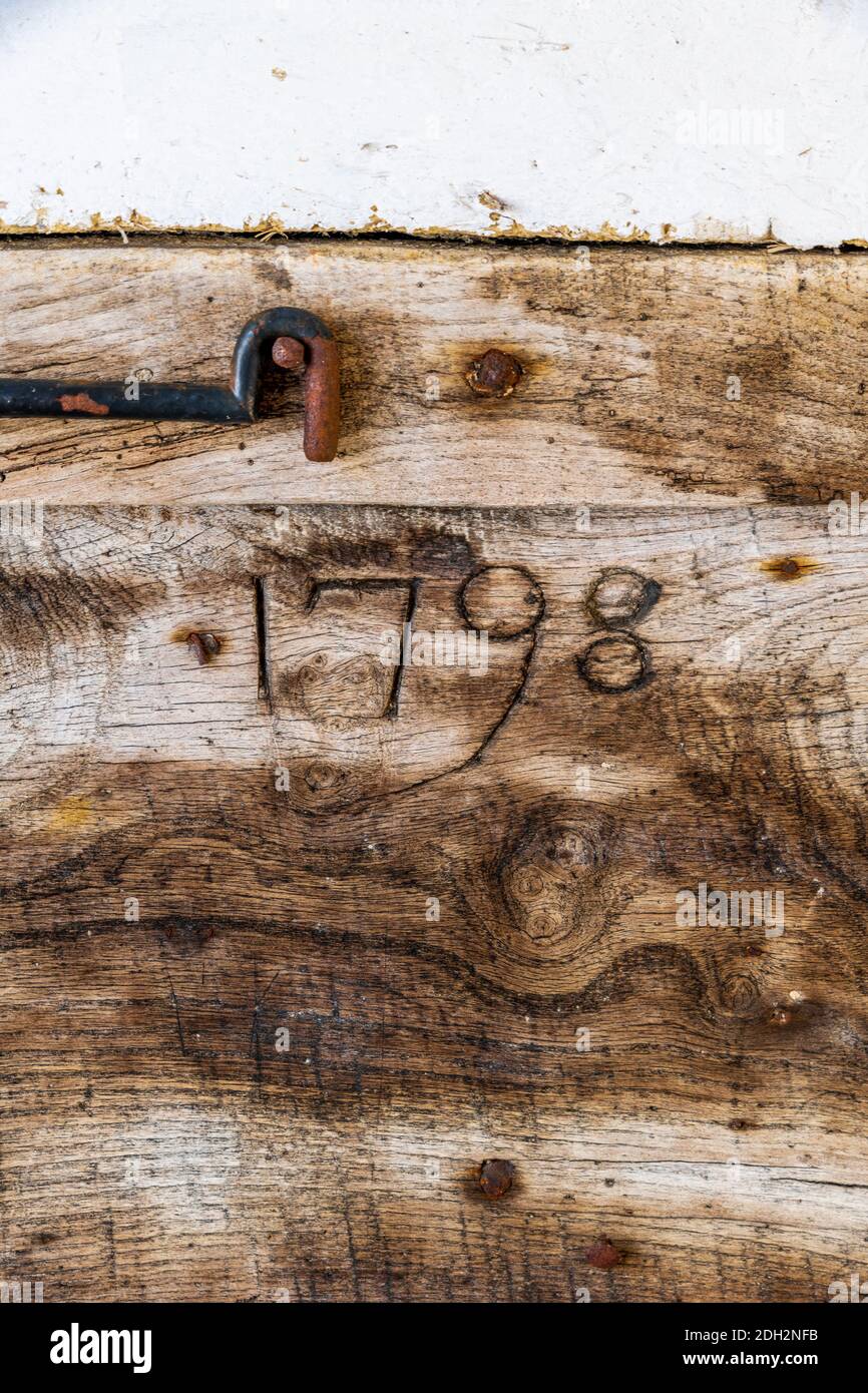 Regno Unito, Inghilterra, Essex, Finchingfield, Guildhall, iscrizione sulla lavagna 1798 Foto Stock