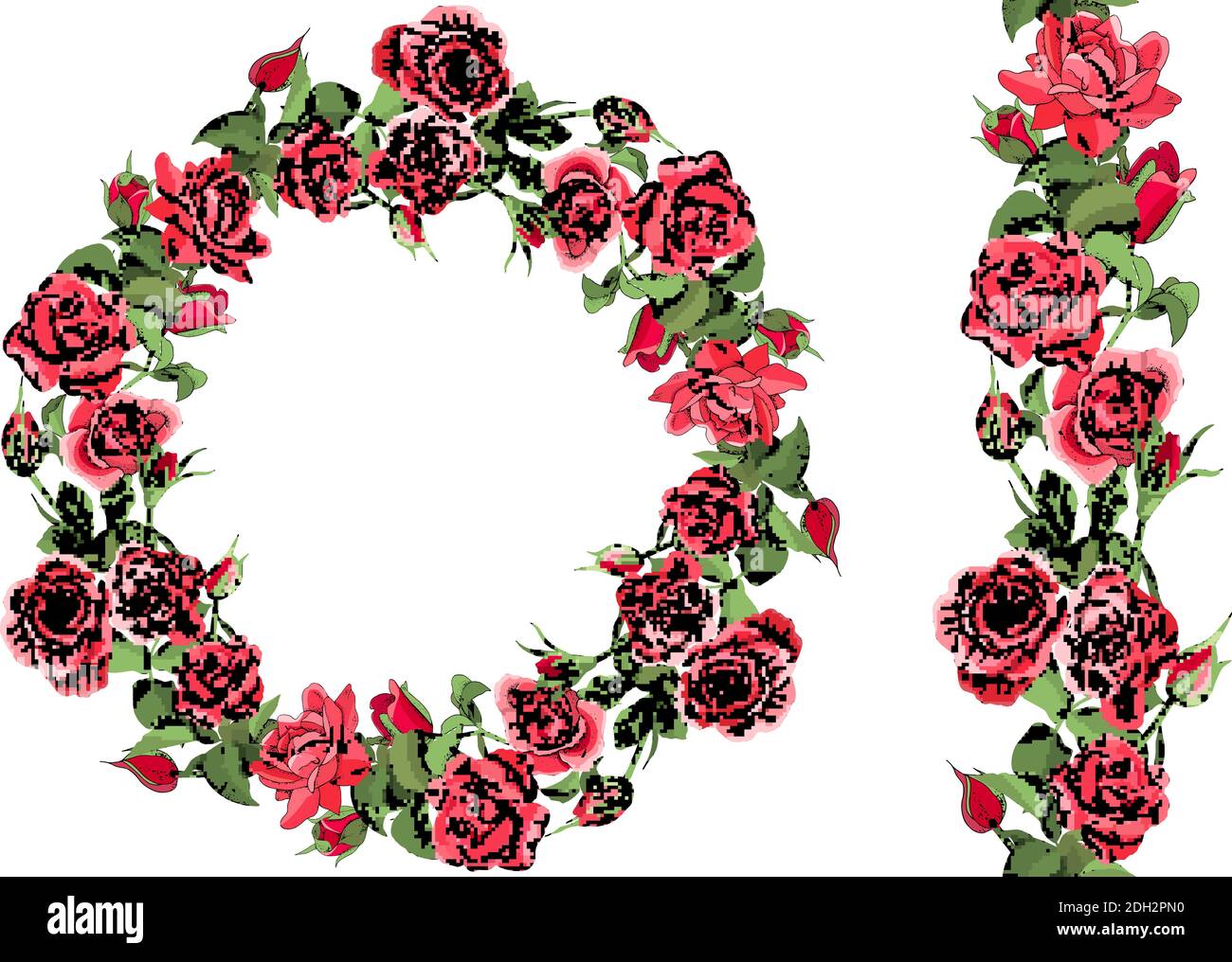 Sagoma rotonda e bordo senza giunture con rose e foglie isolate su sfondo bianco. Illustrazione Vettoriale