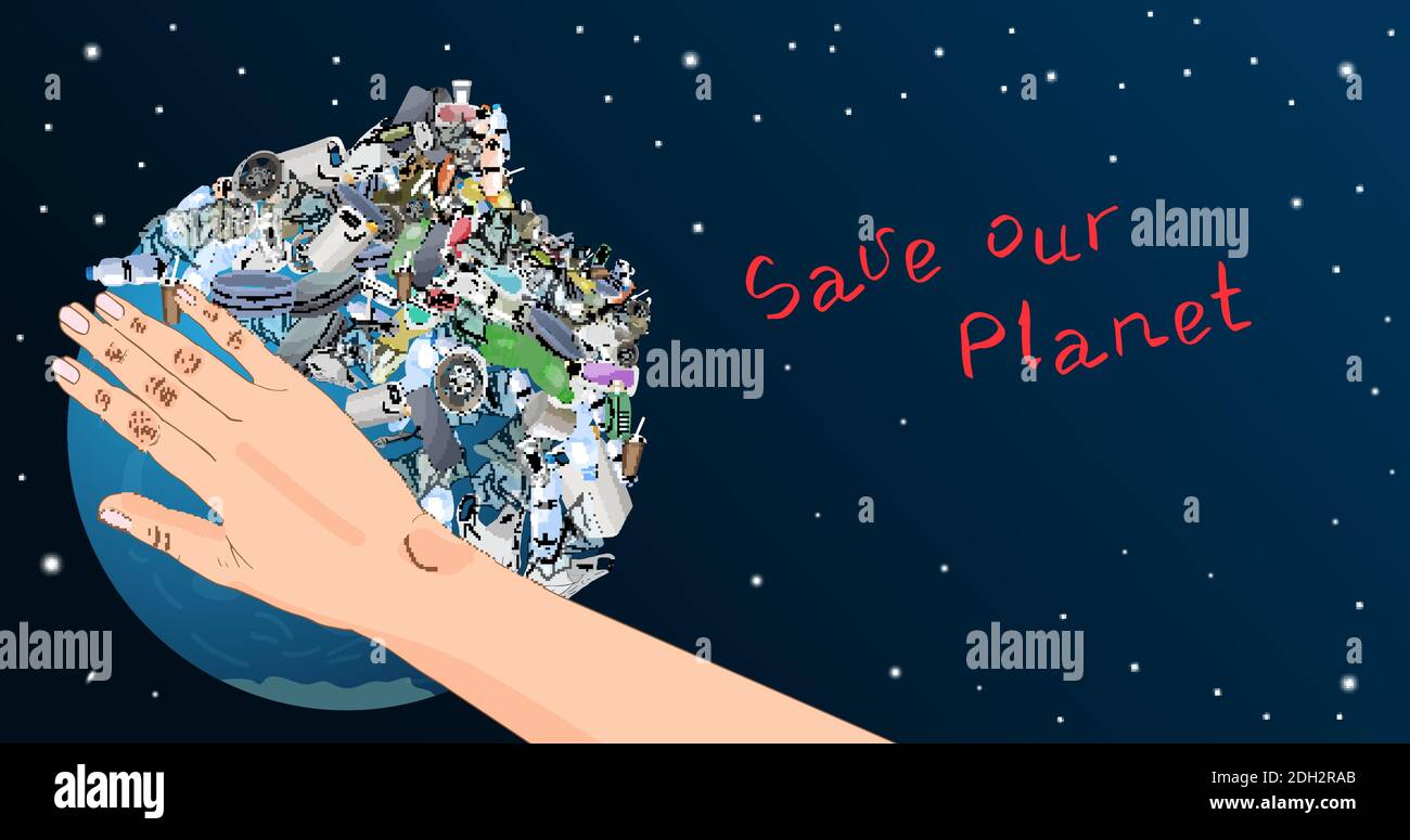 L'inquinamento, rifiuti, plastica, sacchi sul pianeta. Il concetto di ecologia e la Giornata Mondiale della pulizia. Illustrazione Vettoriale