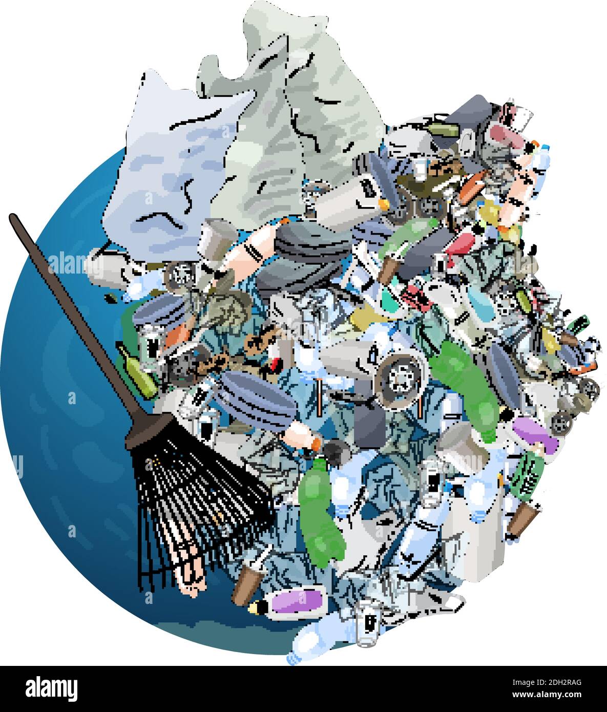 L'inquinamento, rifiuti, plastica, sacchi sul pianeta. Il concetto di ecologia e la Giornata Mondiale della pulizia. Illustrazione Vettoriale